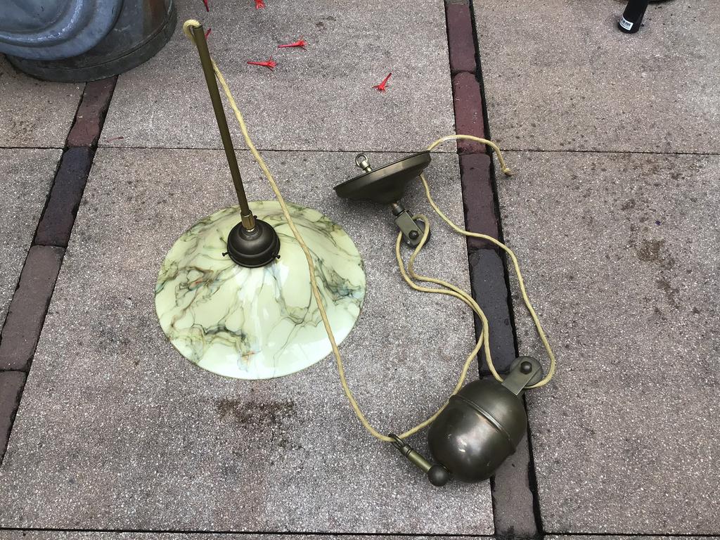 Koperen hang lamp met gemarmerde kap., Ophalen of Verzenden, Zo goed als nieuw