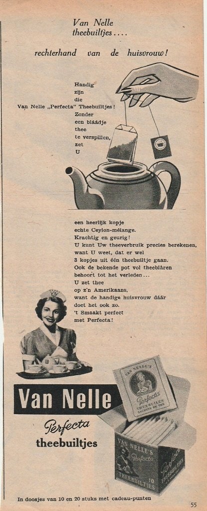 Retro reclame 1954 Van Nelle Perfecta thee builtjes, Verzamelen, Retro, Verzenden, Overige typen