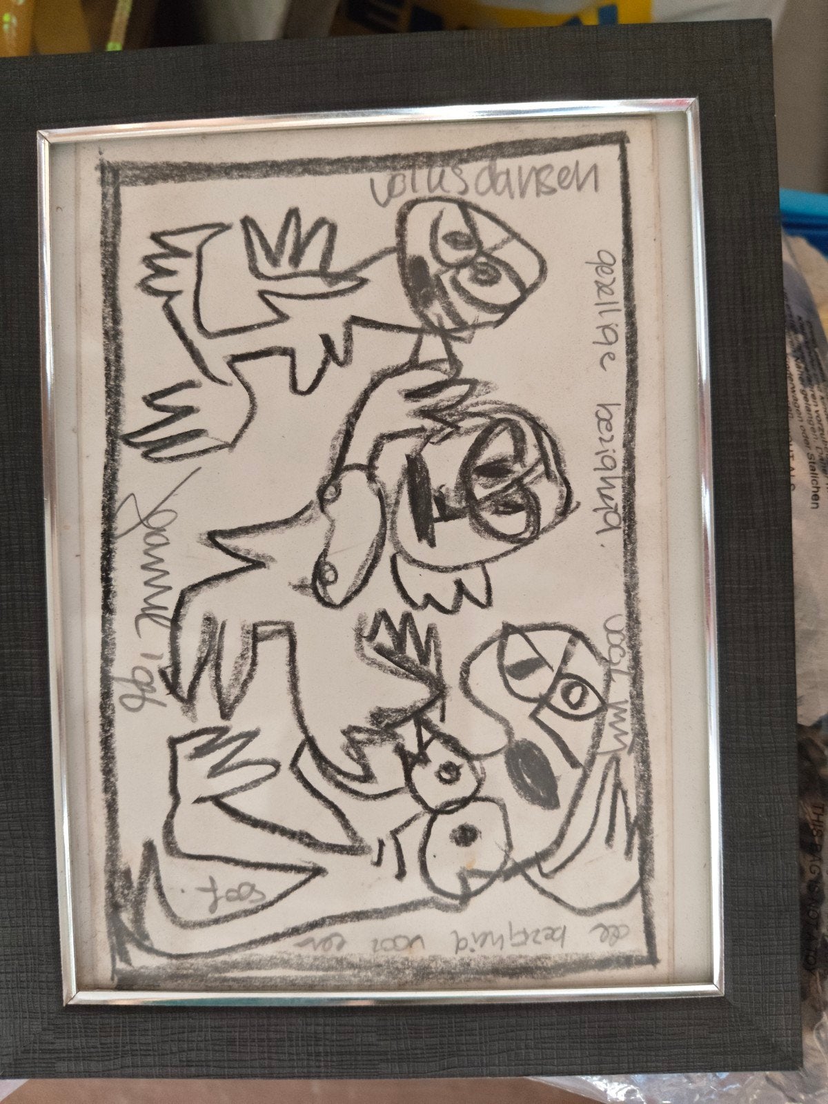 Unieke houtskooltekening 'Volksdansen' van Joanne 1996, Ophalen of Verzenden, Tekening, Houtskooltekening, Ingelijst
