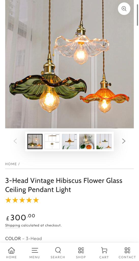 Vintage Hibiscus Bloem Glazen Hanglamp - 3 Koppen, Huis en Inrichting, Lampen | Hanglampen, Ophalen, Nieuw, Glas, Vintage