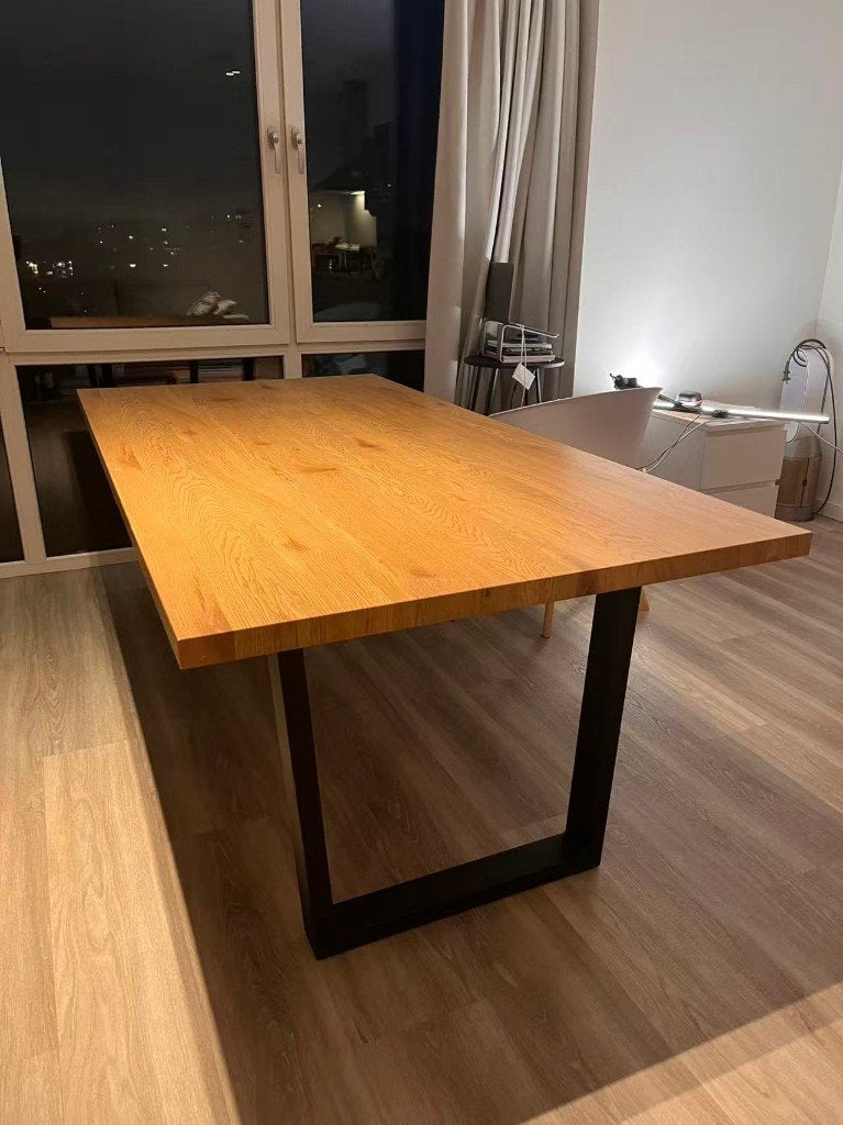 Massief eiken eettafel met stalen U-poten, Ophalen, 100 tot 150 cm, Eikenhout, 200 cm of meer