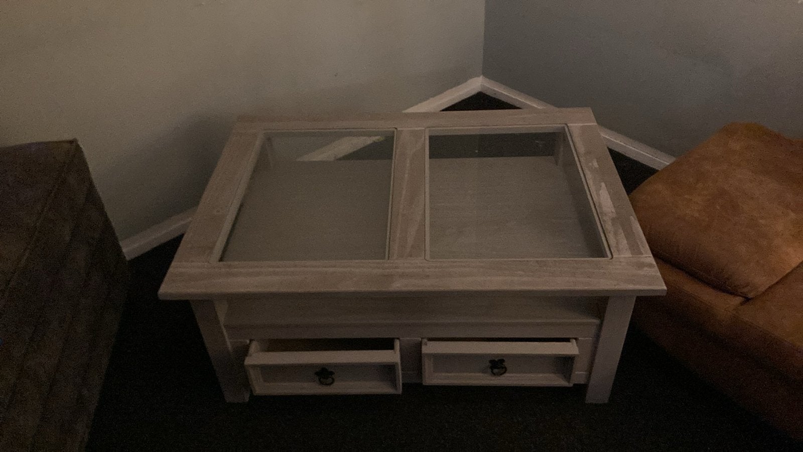 Salontafel met glazen blad en lades, Ophalen, Gebruikt, Geen, 50 tot 100 cm