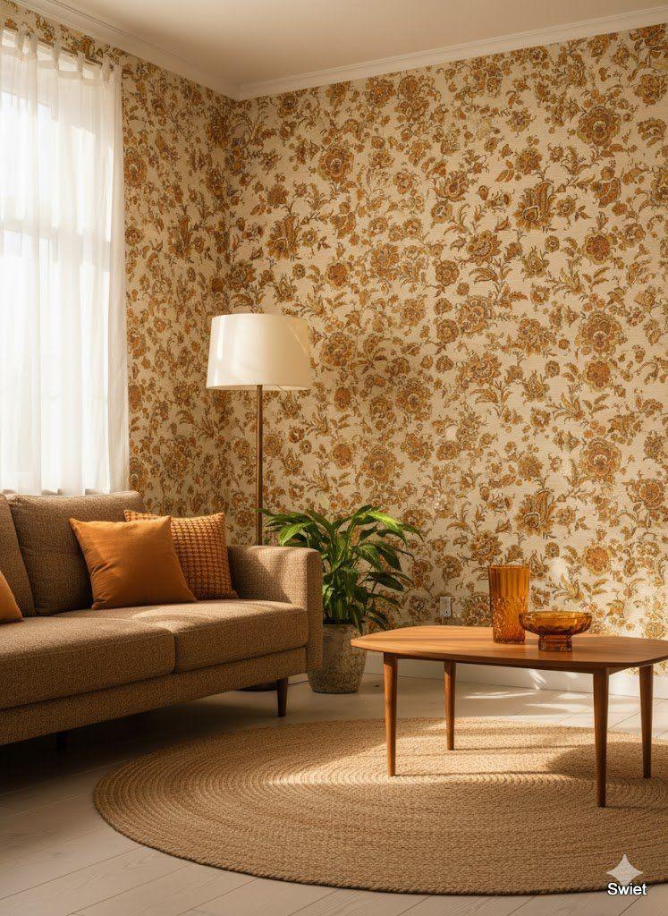 6692 vintage goudbruin bloemenbehang  oranje accenten swiet , Huis en Inrichting, Stoffering | Behang, Verzenden, Minder dan 10 m²