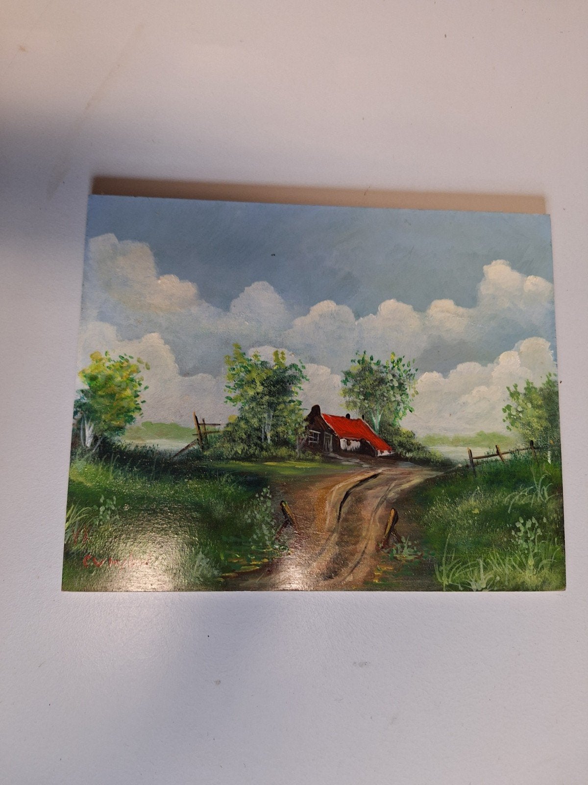 Schilderij Landschap met huisje op houten plaat, Antiek en Kunst, Ophalen, Oud hollands, Landschap, Overige ondergronden