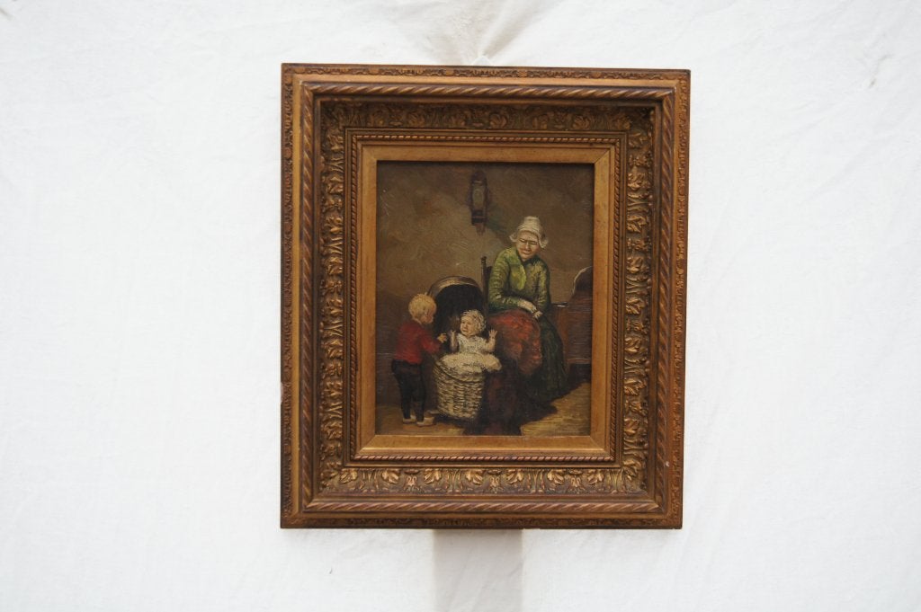 Oud Hollands tafereel: Grootmoeder met kinderen, Ingelijst, Doek, Portret of Personen, Realistisch