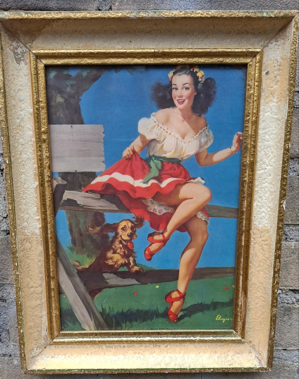 PIN-UP model met Cocker spaniel. Ca '50. Chromolithografie., Ophalen