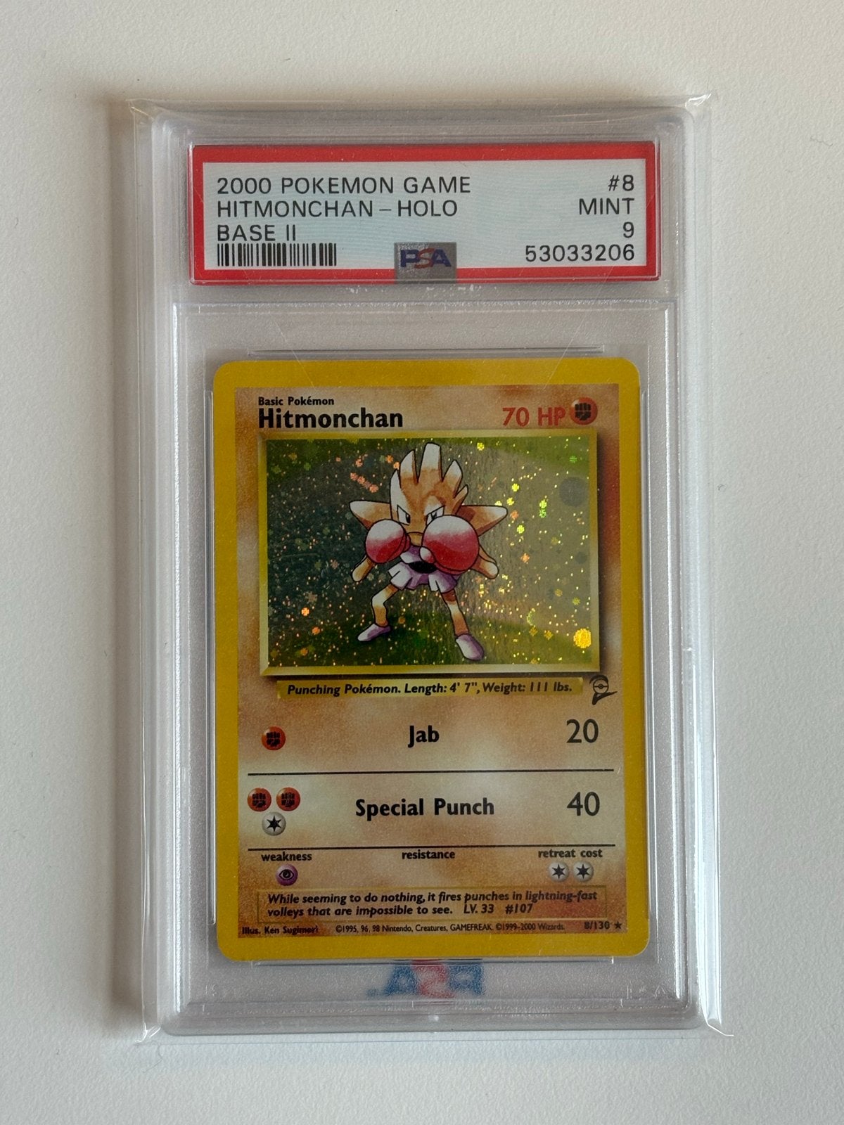 Hitmonchan Base Set 2 - PSA 9 - Pokémon Kaart, Ophalen, Zo goed als nieuw, Losse kaart, Foil