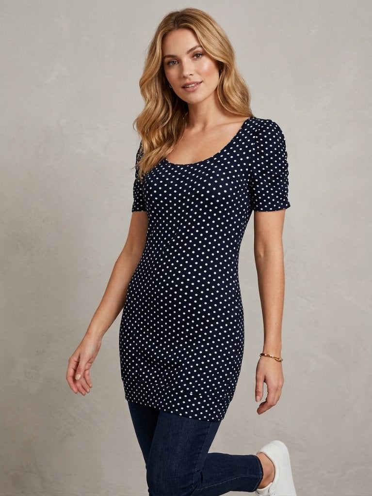 tuniek donkerblauw/wit bolletjes/maat 38/lengte 76 cm, Kleding | Dames, Blouses en Tunieken, Ophalen of Verzenden, Gedragen, Maat 38/40 (M)