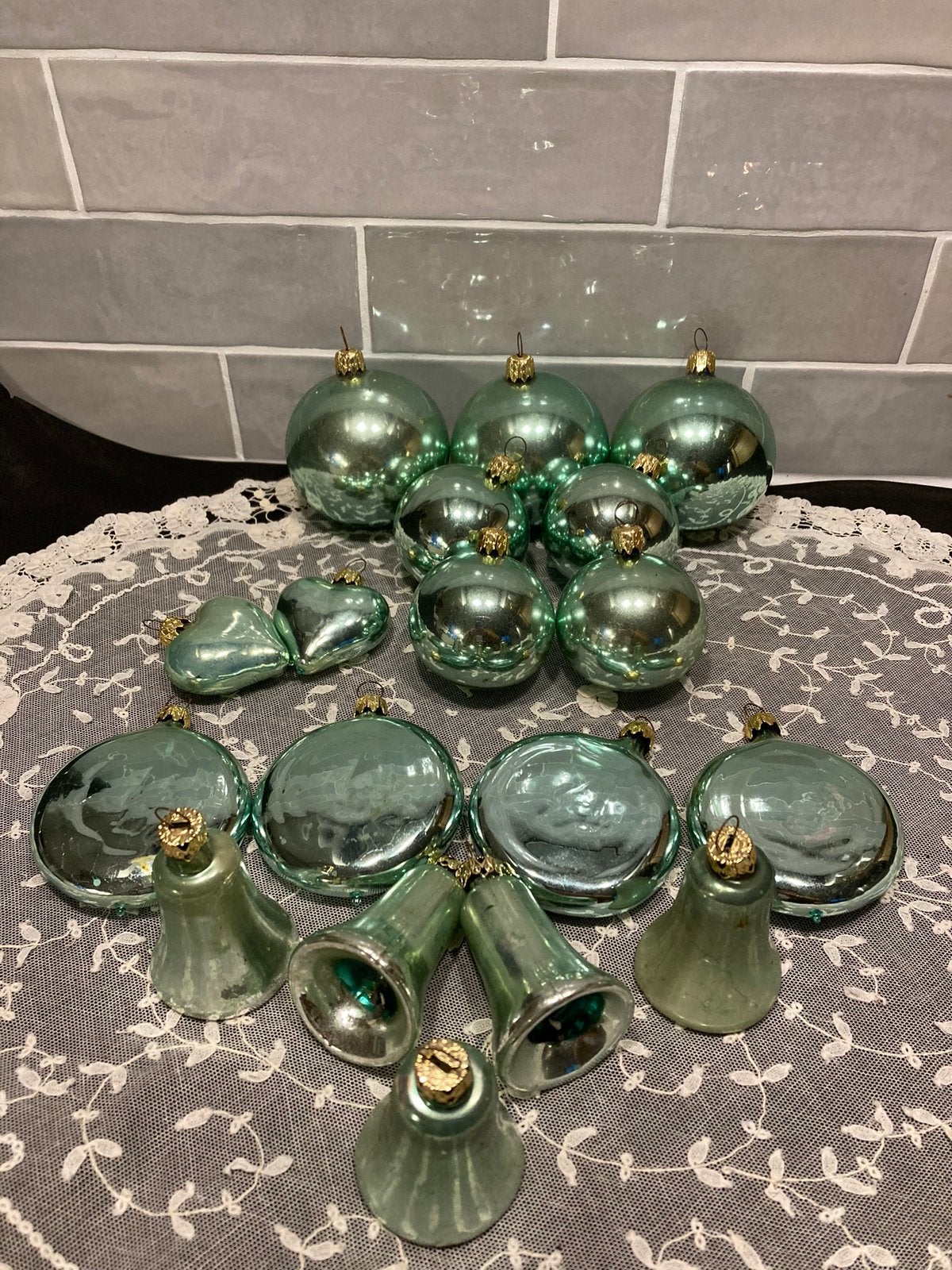 Partij antieke kerstballen mintgroen (041223), Ophalen of Verzenden, Gebruikt