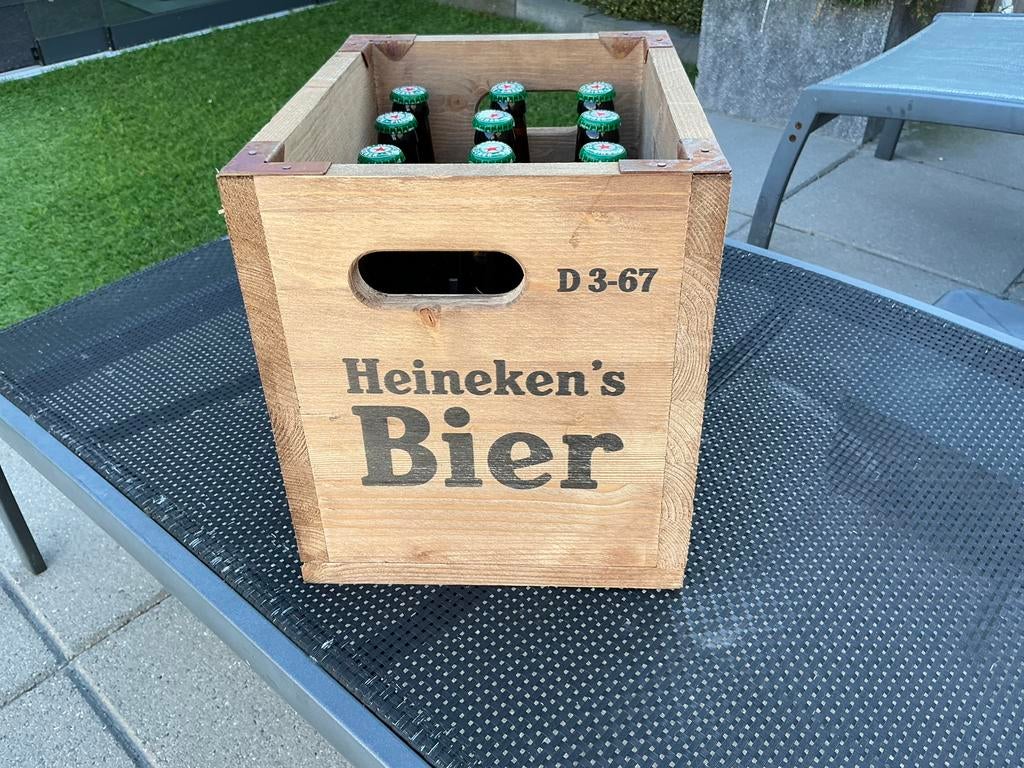 Heineken jubileum krat bier van hout met 12 retro flesjes, Verzamelen, Ophalen of Verzenden, Nieuw, Flesje(s), Heineken