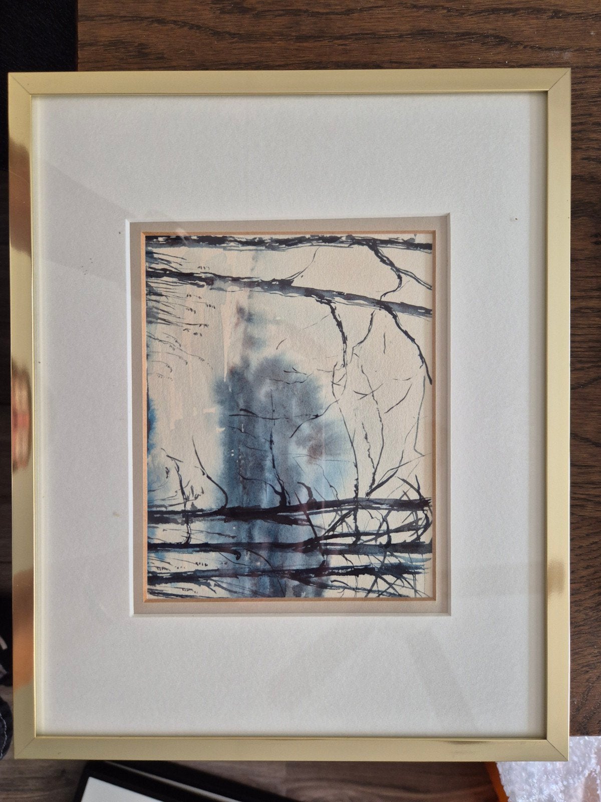 Ingelijste aquarel: Abstract landschap met bomen en water, Ophalen of Verzenden, Tekening, Aquarel, Ingelijst