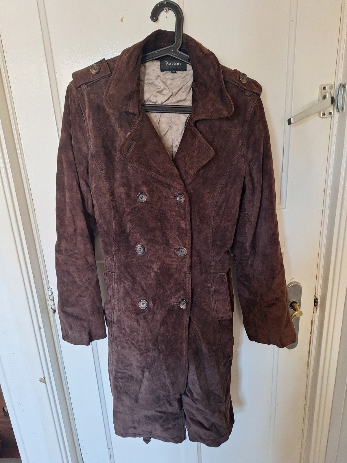 Vintage Burton suède leren trenchcoat – bruin – Maat 44 S/M, Ophalen of Verzenden, Gedragen, Maat 42/44 (L), Bruin