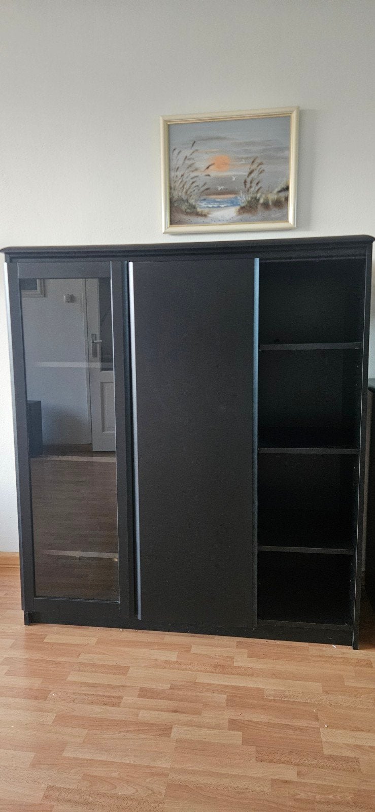 Zwarte kast met glazen deuren en planken, Ophalen, Zo goed als nieuw, 25 tot 50 cm