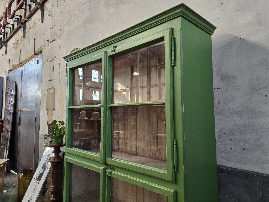 XL Vintage Houten Vitrinekast Groen | Grote Vitrine Kast 1, Huis en Inrichting, Antiek Retro Vintage Brocante Landelijk, 200 cm of meer