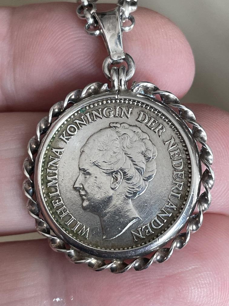 zilveren jasseronketting met zilveren halve gulden 1928, Ophalen of Verzenden, Zilver, Ketting