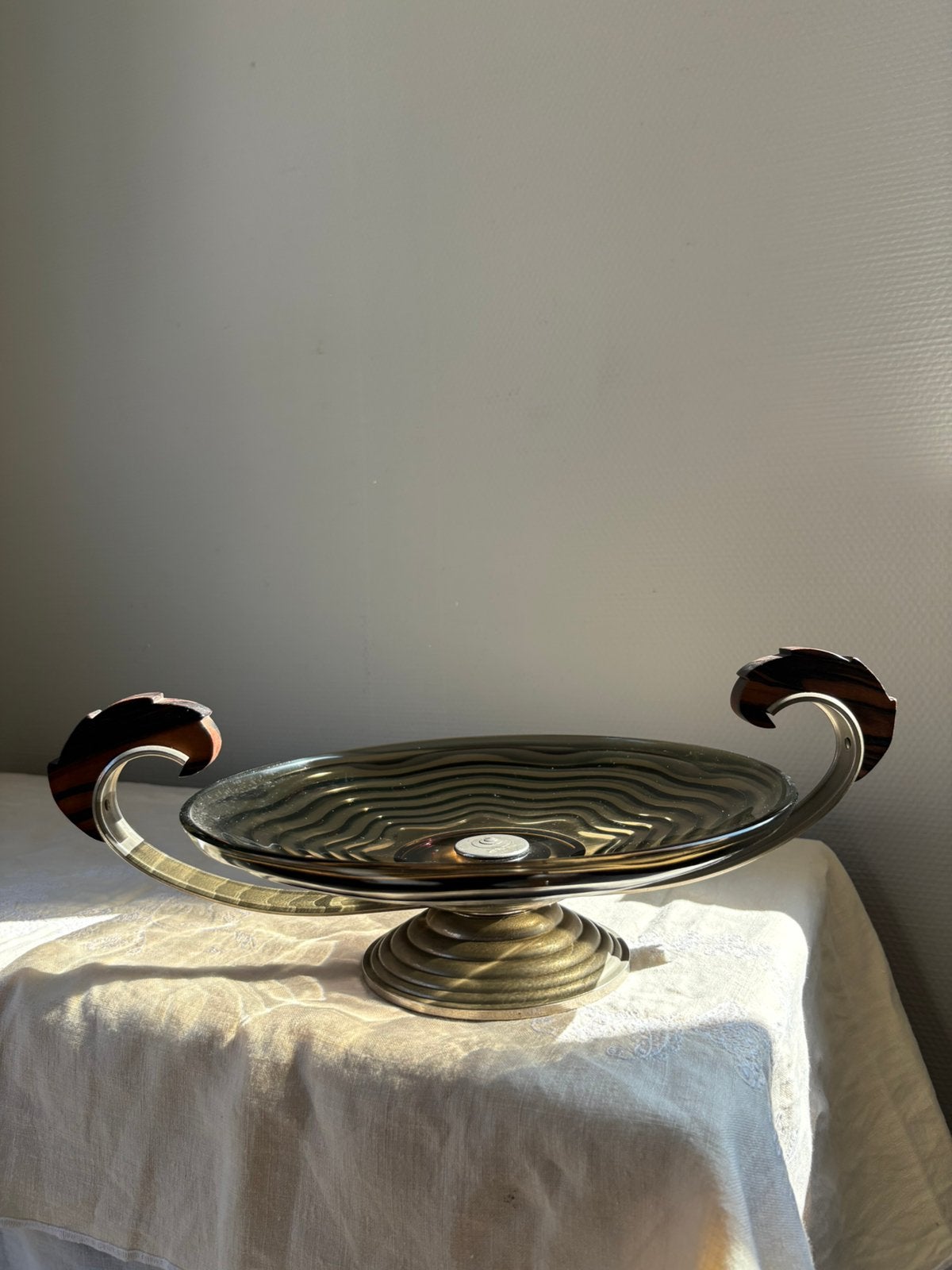 Antiek art deco rookglazen schaal| wenge houten grepen|, Ophalen of Verzenden