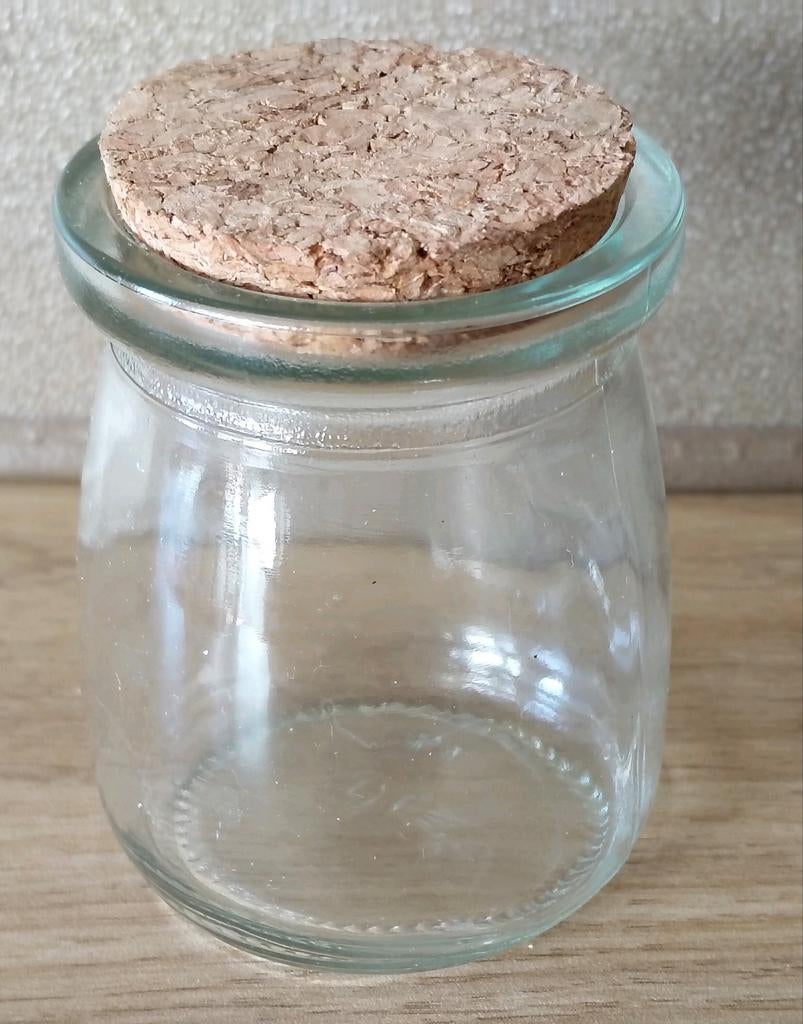 GLAZEN POTJE MET KURK DEKSELTJE, Verzenden, Zo goed als nieuw