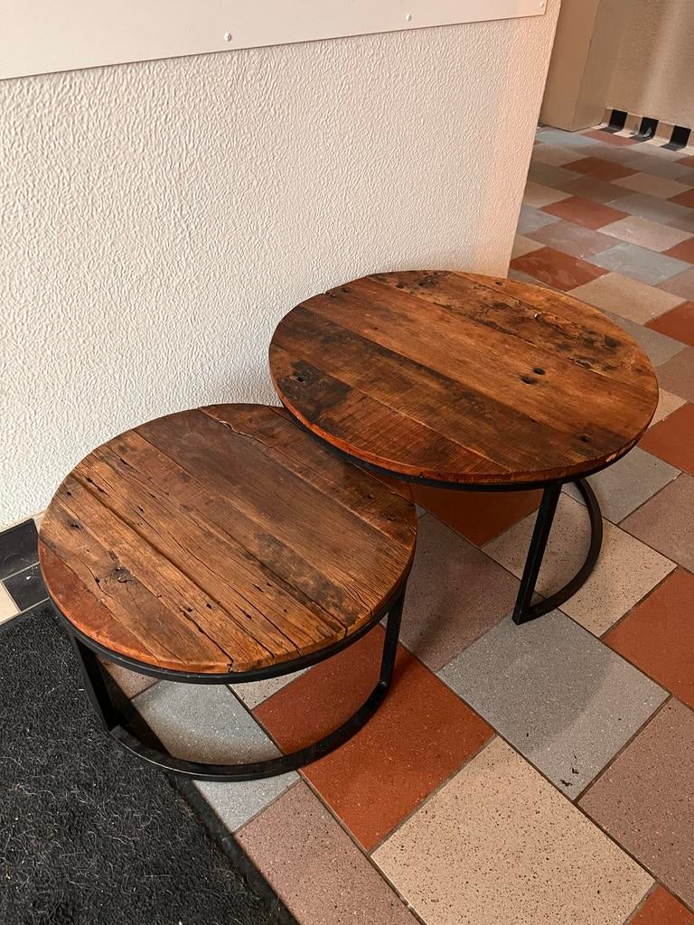 Set van 2 robuuste houten bijzettafels, industrieel design, Minder dan 45 cm, Minder dan 55 cm, Gebruikt, Rond