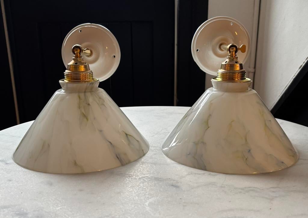 Vintage set 2 driehoek Franse witte wandlampen keuken marmer, Ophalen of Verzenden, Zo goed als nieuw, Metaal