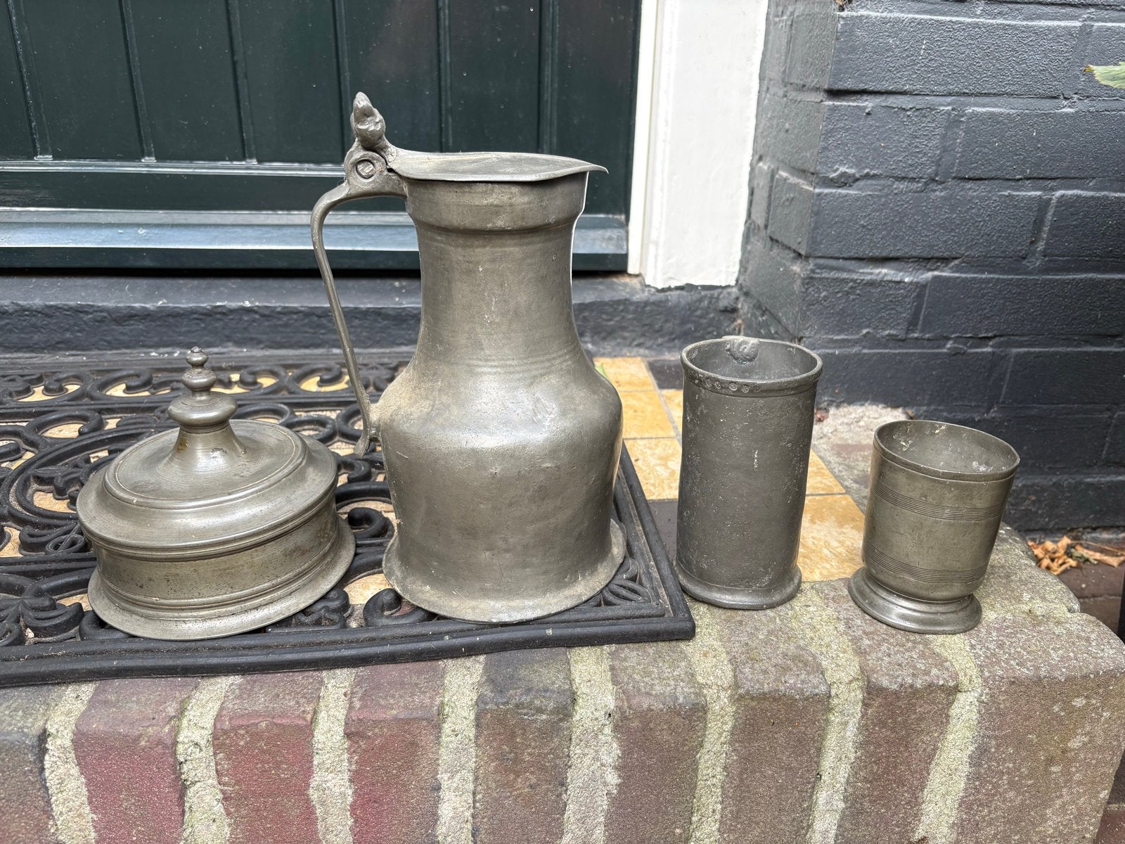 Antieke tinnen kan, pot en bekers - Set van 4, Ophalen of Verzenden