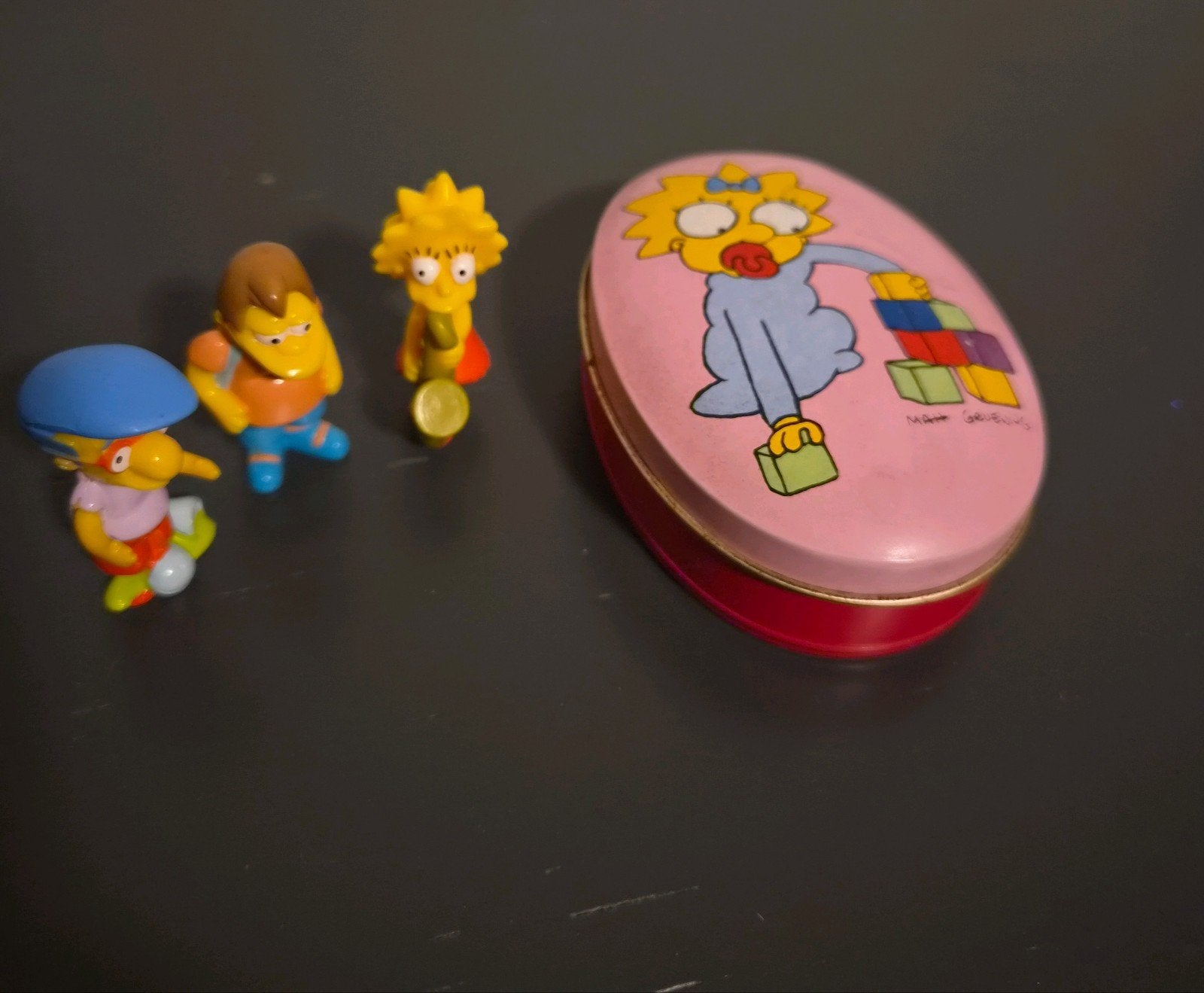 Vintage The Simpsons zeepblik Maggie 1991 + 3 figuren, Verzamelen, Ophalen of Verzenden, Gebruikt
