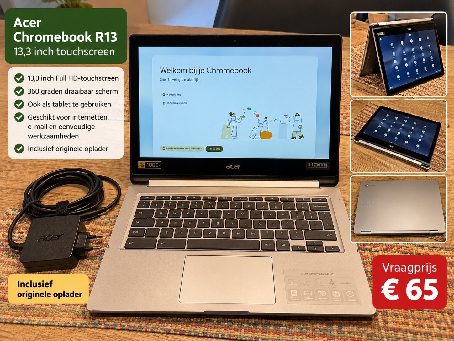 Acer Chromebook R13 13,3 inch touchscreen, Ophalen of Verzenden, Gebruikt, 13 inch, Met touchscreen
