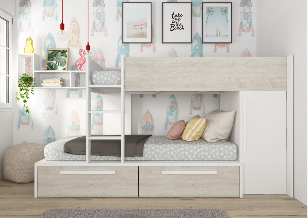 Jules stapelbed met kast en lades - 90x200 - Wit, Niet ingevuld, Niet ingevuld, Niet ingevuld