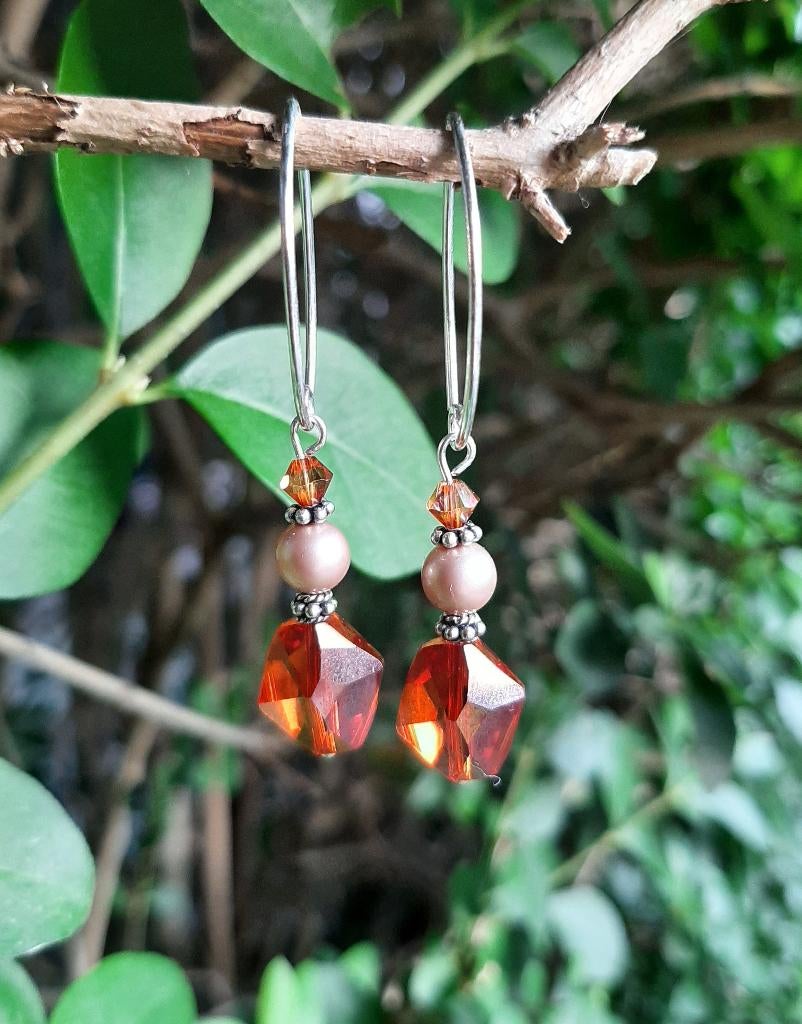 Oorbellen Cosmic Red Magma swarovski kristal-parel zilver, Hangers, Nieuw, Rood, Zilver