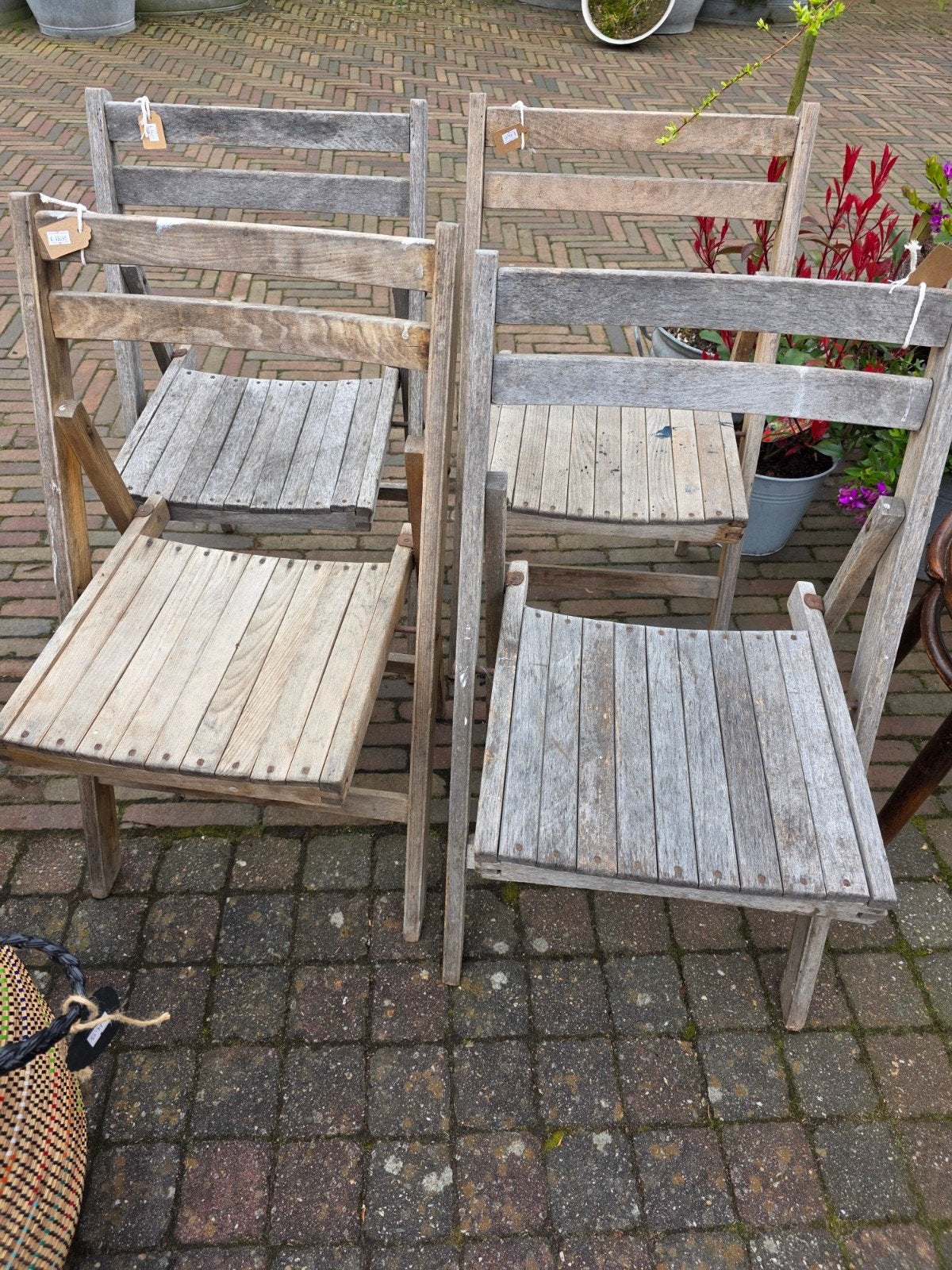 Brocante tuinstoeltjes 4st., Tuin en Terras, Ophalen, Hout, Inklapbaar
