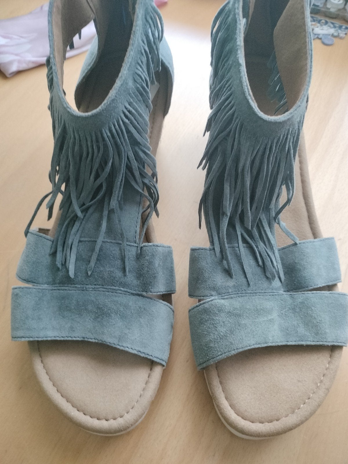 Gabor sandalen met sleehak en franjes, maat 9,5, Gabor, Gedragen, Groen, Sandalen of Muiltjes