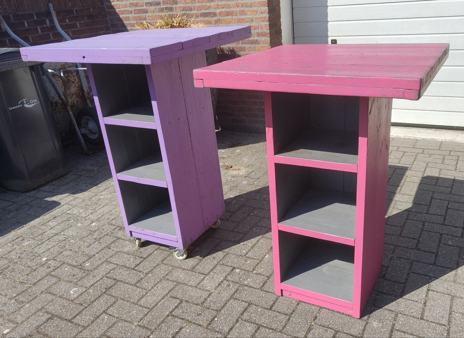 Steigerhouten statafels met wielen, Ophalen, Gebruikt