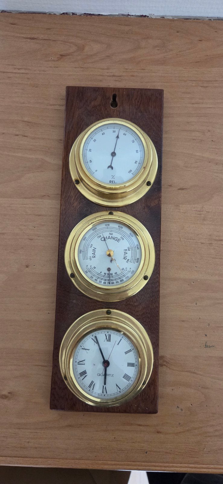 Vintage weerstation met barometer, thermometer en klok, Ophalen of Verzenden, Gebruikt, Weerstation