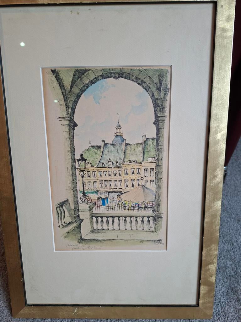 Aquarel Markt Maastricht vanuit Stadhuis (ingelijst), Ophalen of Verzenden