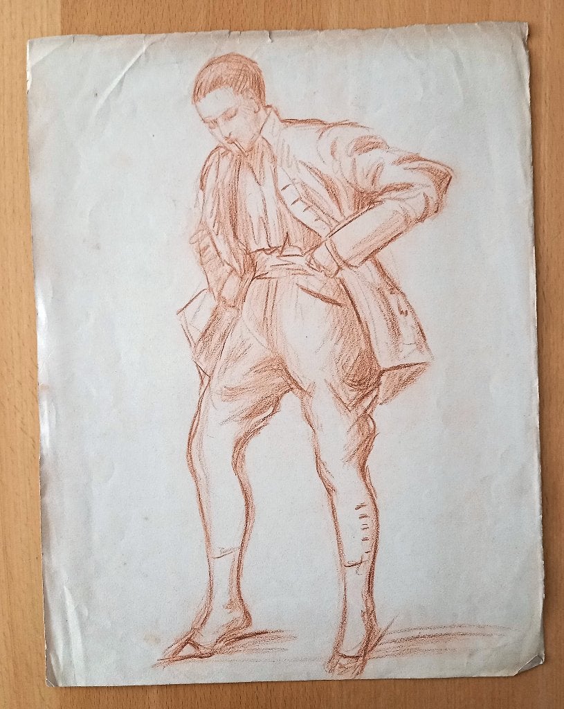 A493-23 Oude tekening Portret man ten voeten uit, Antiek en Kunst, Ophalen of Verzenden