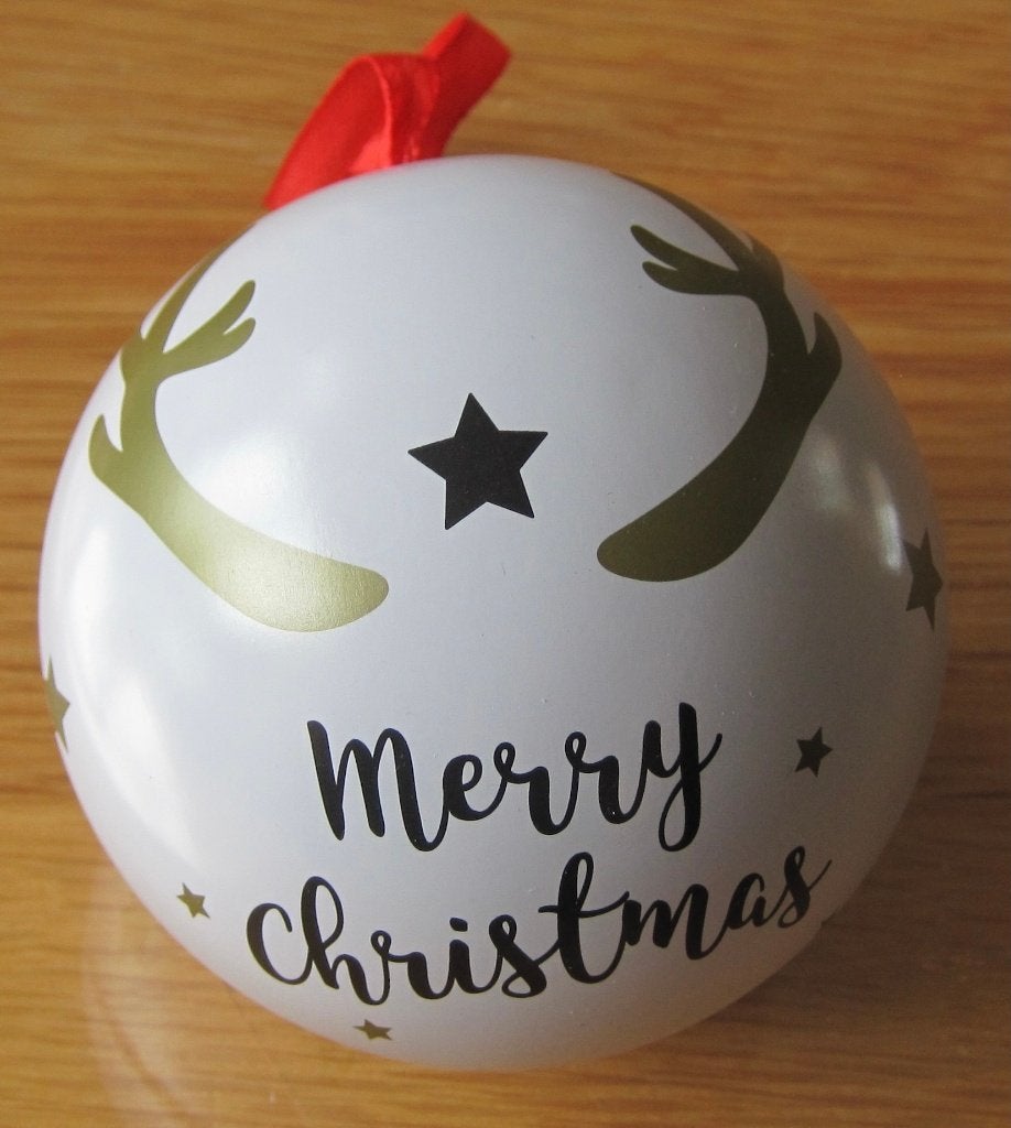 metalen witte kerstbal met opdruk Merry Christmas, Diversen, Kerst, Ophalen of Verzenden, Zo goed als nieuw