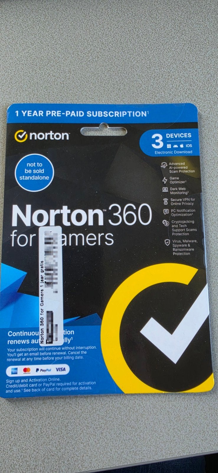Norton 360 for Gamers - 1 jaar abonnement (3 apparaten), Computers en Software, Ophalen of Verzenden, Nieuw, Norton, MacOS