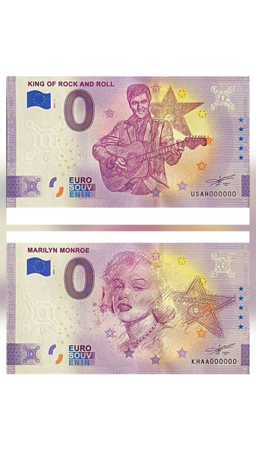 0 Euro biljetten Elvis Presley&Marilyn Monroe Serial:000000, Ophalen of Verzenden, Overige landen