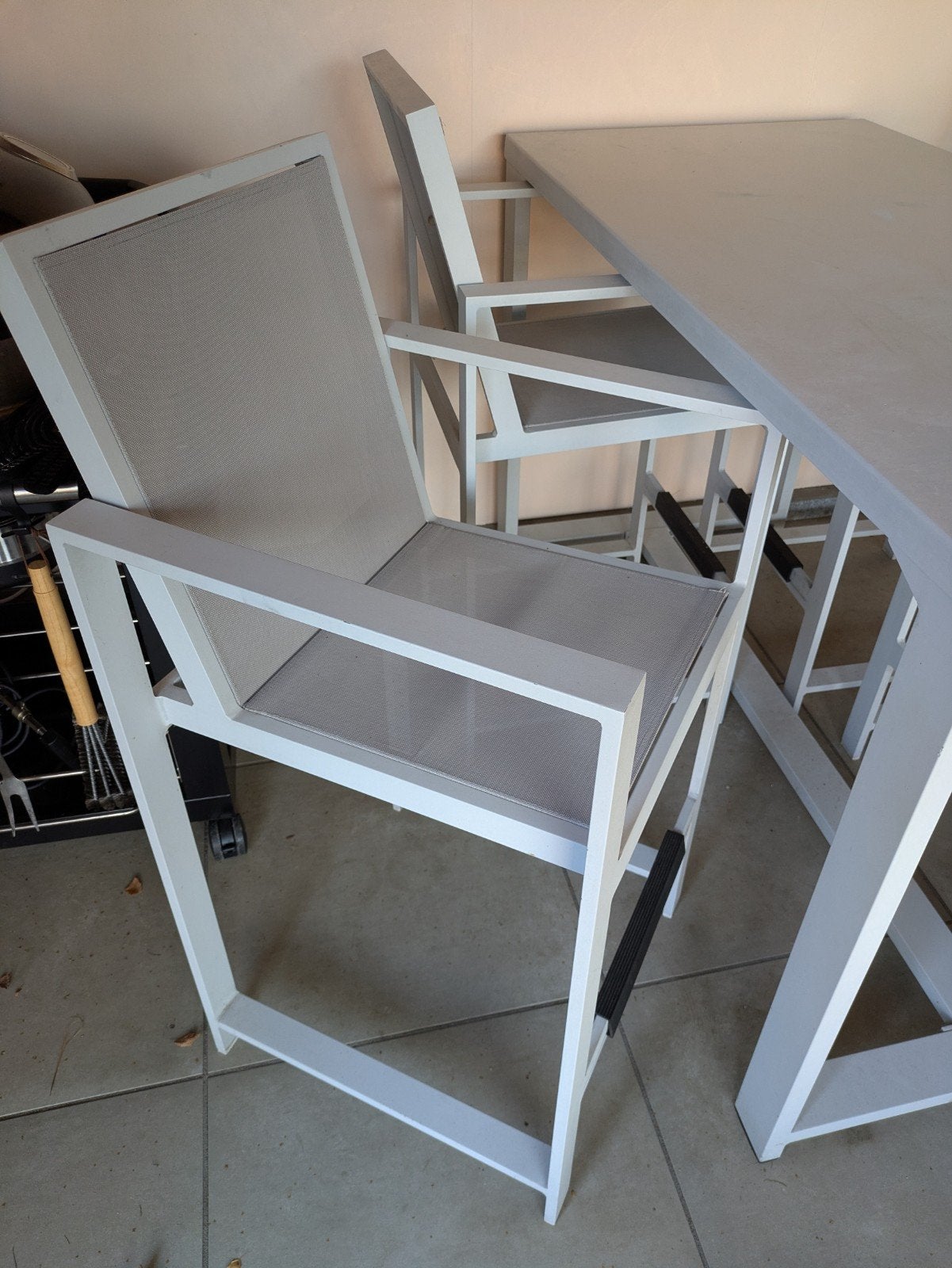 Moderne aluminium hoge tuinset met 4 stoelen, Tuin en Terras, Ophalen, 4 zitplaatsen, Gebruikt, Aluminium