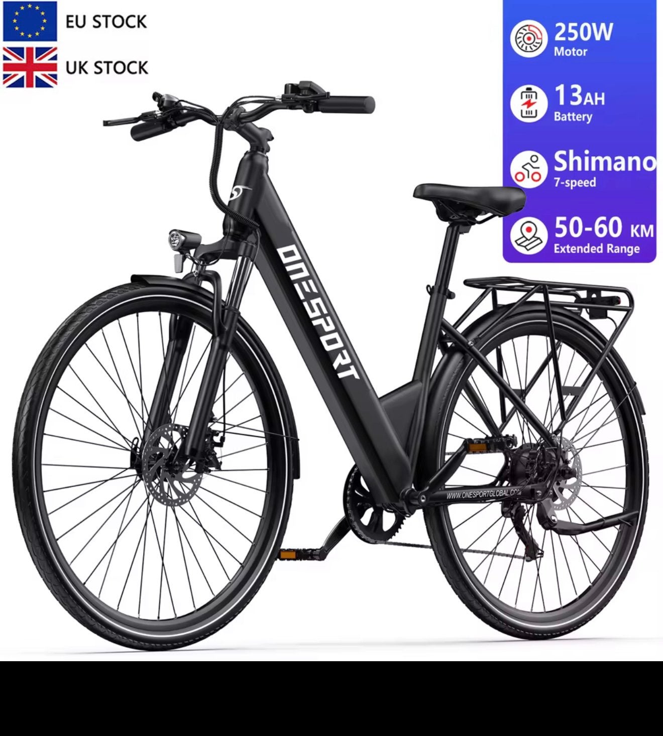 ONESPORT OT12 E-bike - 250W motor, 7 versnellingen, 65km ber, Overige merken, Nieuw, Ophalen of Verzenden, 51 tot 55 cm