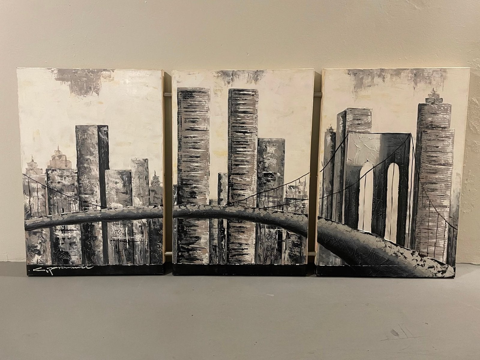 Modern drieluik schilderij stadsgezicht - New York, Ophalen of Verzenden, Stadsgezicht, Textiel, Gesigneerd