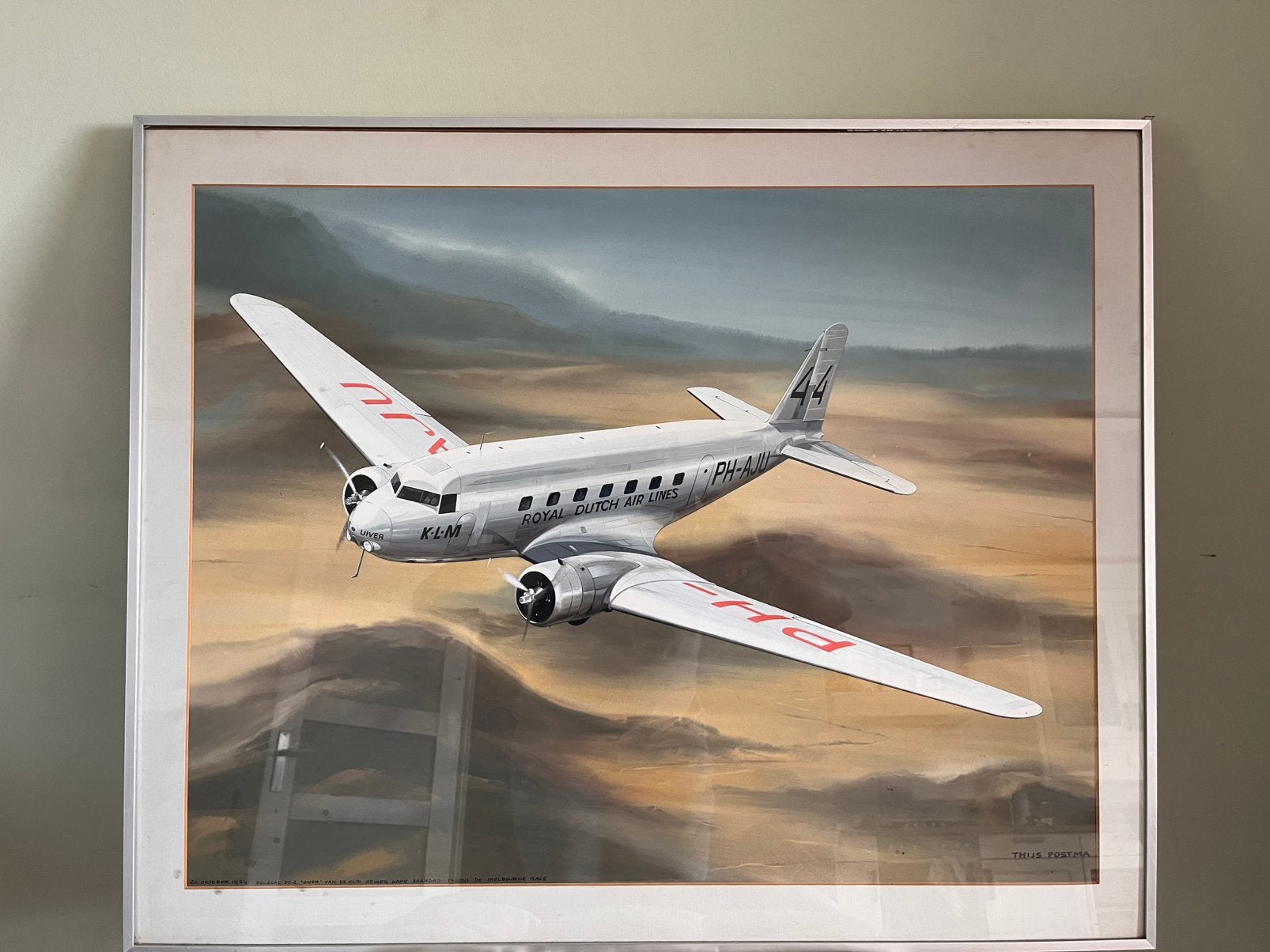Origineel Schilderij Thijs Postma – KLM Douglas DC-2 "Uiver", Verzamelen, Ophalen of Verzenden, Zo goed als nieuw, Kaart, Foto of Prent