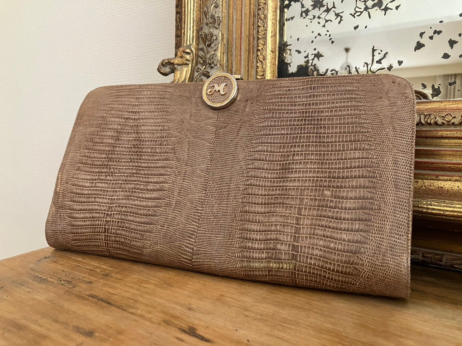 Melluso Italy lederen avondtasje of clutch anno 1970-1980, Ophalen, Gebruikt, Beige, Avondtasje