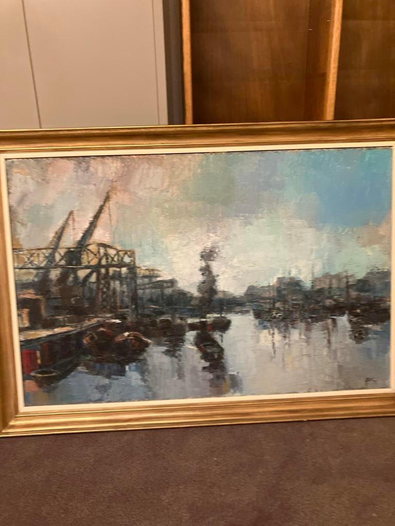Gesigneerd olieverfschilderij 'Havengezicht' van Aarts, Ophalen