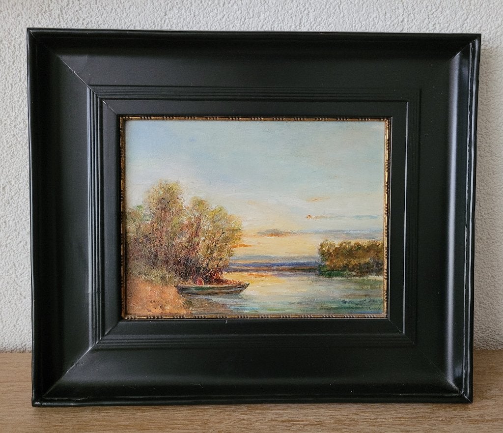 Paneeltje 'Bootje aan de rivier' onduidelijk gesign.17,5 x24, Paneel, Ophalen of Verzenden, Landschap, Olieverf