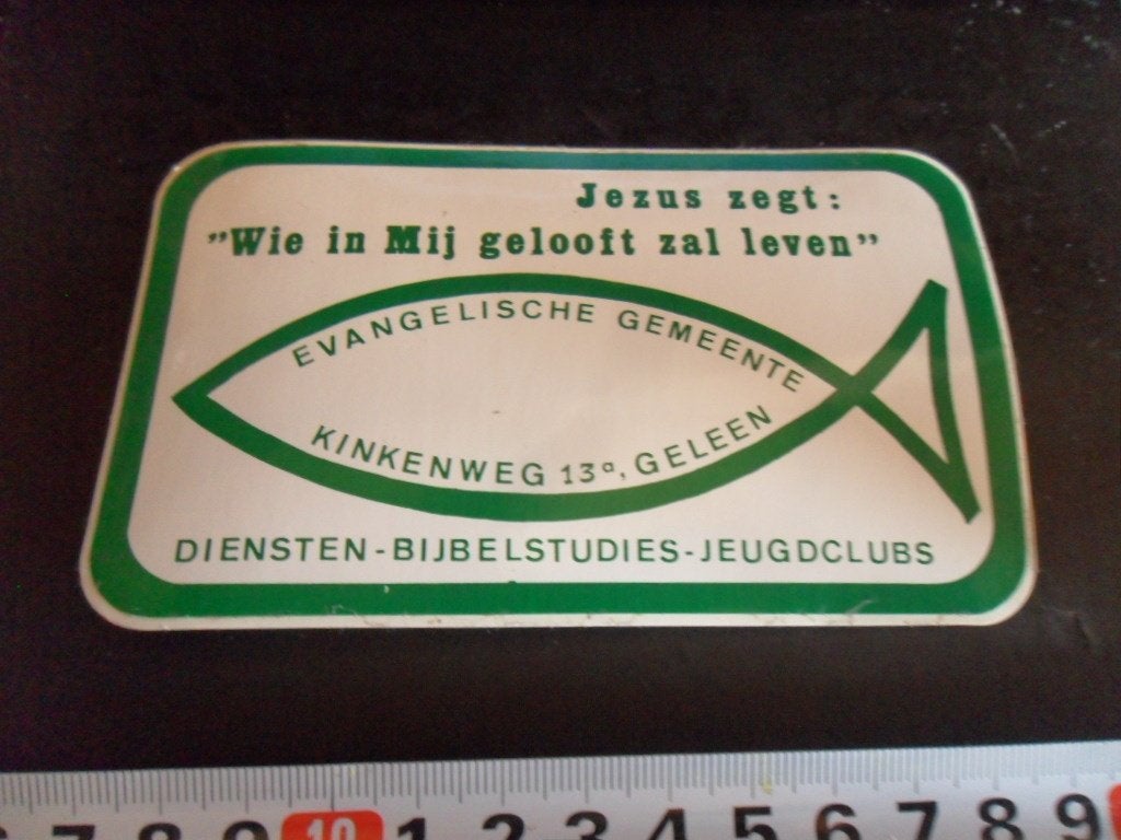 sticker ichthus geleen evangelische gemeente bijbelstudies, Ophalen, Zo goed als nieuw