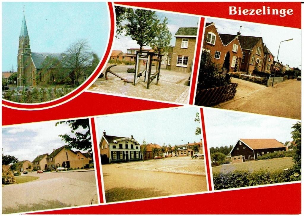 Ansichtkaart Biezelinge, 6-luik, kerk, dorpsgezichten, Verzamelen, Ophalen of Verzenden, 1960 tot 1980, Ongelopen, Zeeland