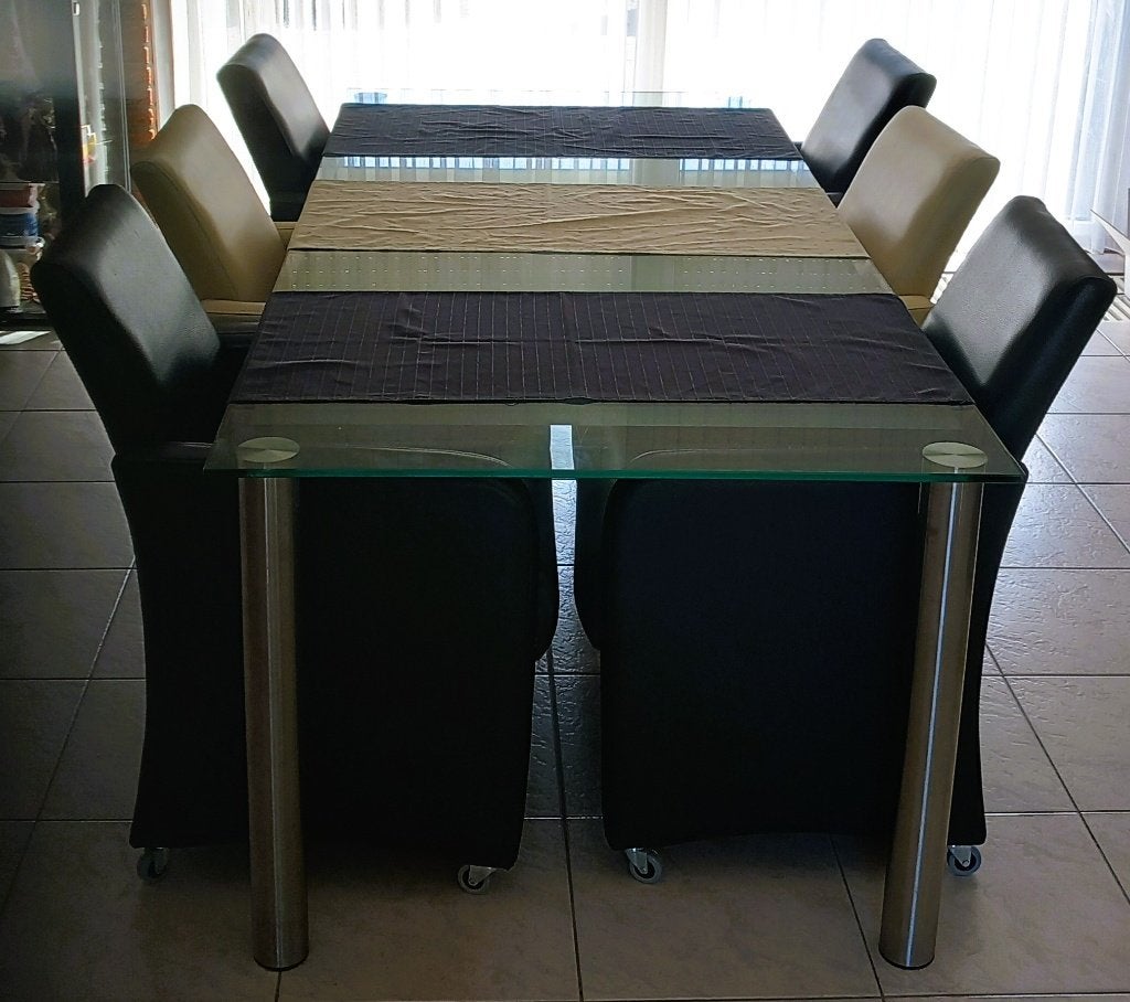 €160 - Set grote glazen eettafel (220x100 cm) + 6 stoelen, Huis en Inrichting, Tafels | Eettafels, Ophalen, 100 tot 150 cm, 200 cm of meer