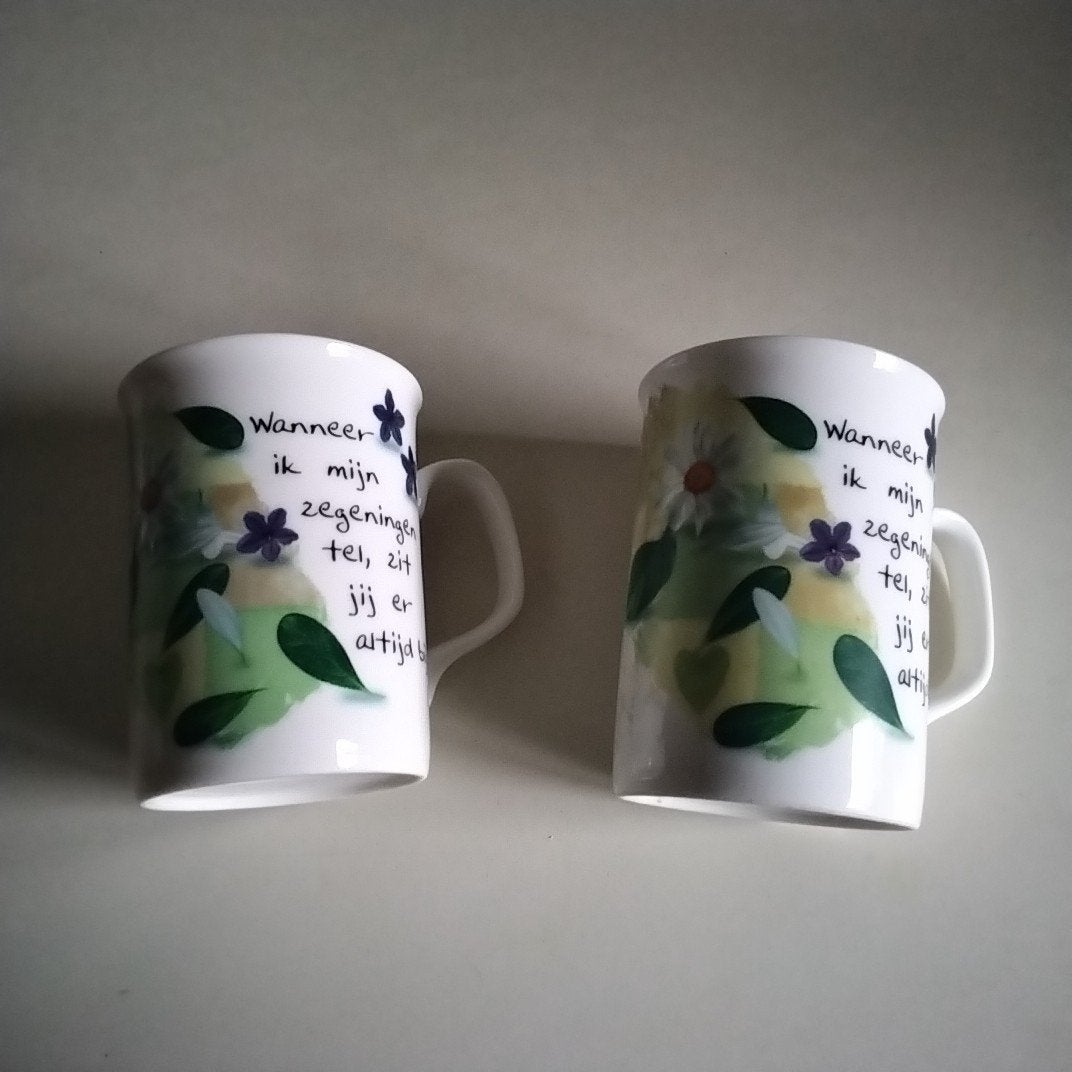Set van 2 mokken met tekst en bloemmotief, Ophalen of Verzenden