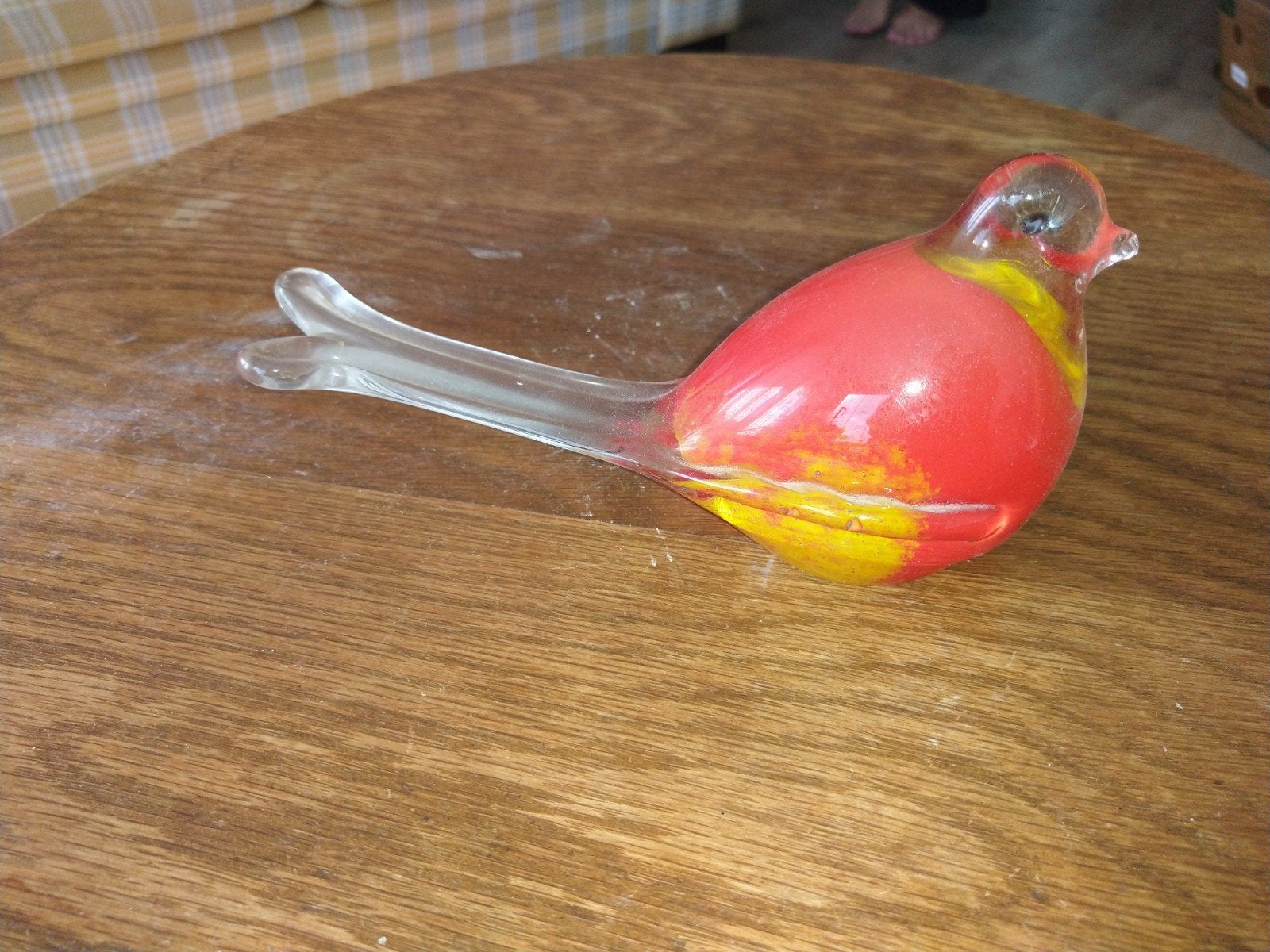 Handgeblazen glazen vogel - Rood met geel accent, Ophalen of Verzenden