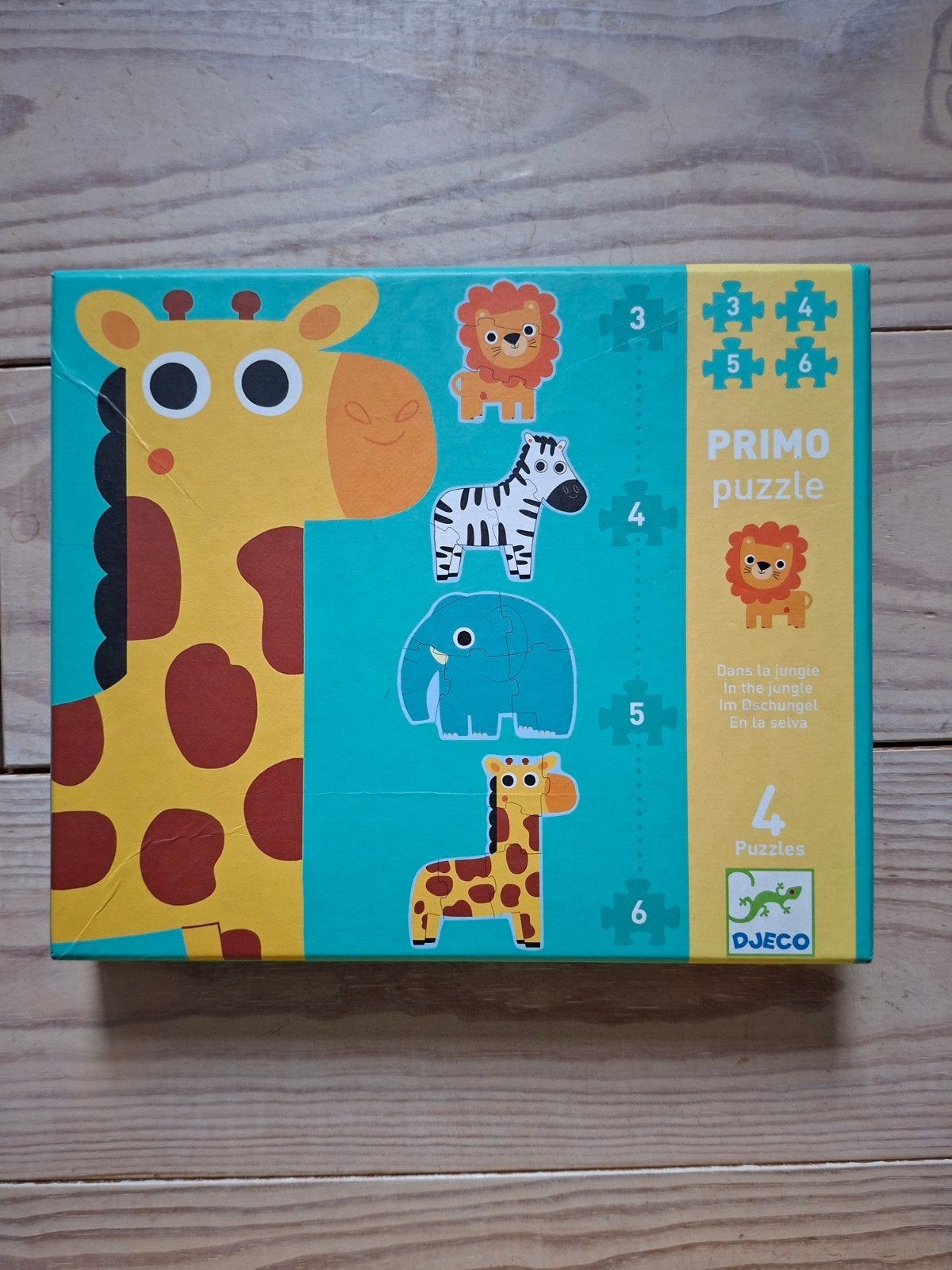 Djeco Primo Puzzel Safari Dieren (4 Puzzels), Kinderen en Baby's, Ophalen of Verzenden, Minder dan 10 stukjes, Gebruikt, 2 tot 4 jaar